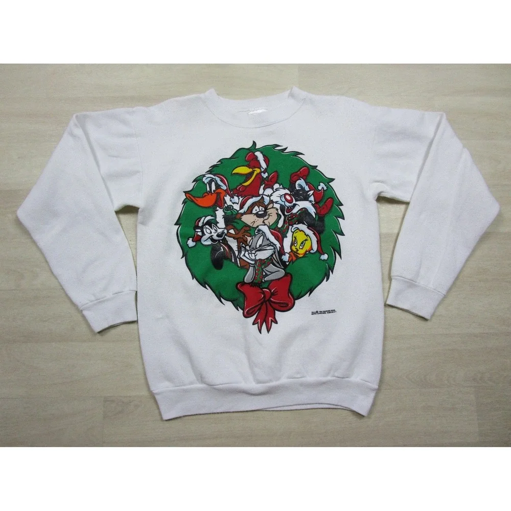Vintage 90s Looney Tunes Sweatshirt Youth (XL) Christmas Wreath Bugs Taz 1994